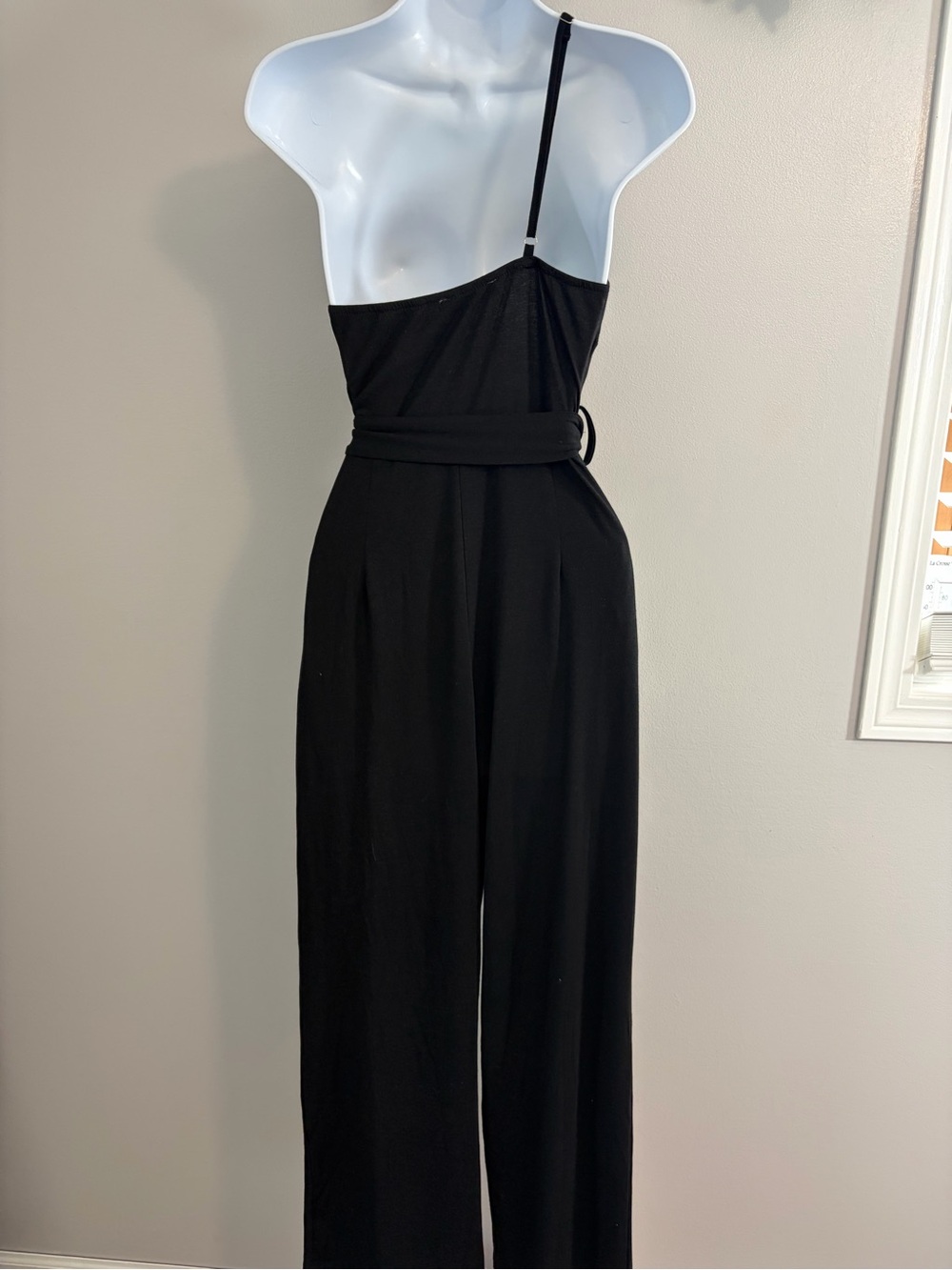 NWOT Elings-  One-Shoulder Black Jumpsuit with Tie Waist - Picture 2 of 16